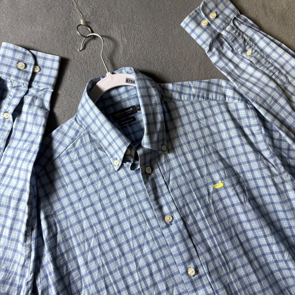 Southern Marsh Performance Mens Medium Blue Yellow Plaid Button Down Shirt